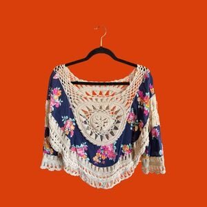 IT GIRL Navy Blue Floral Crochet Boho Festival Crop Top Small